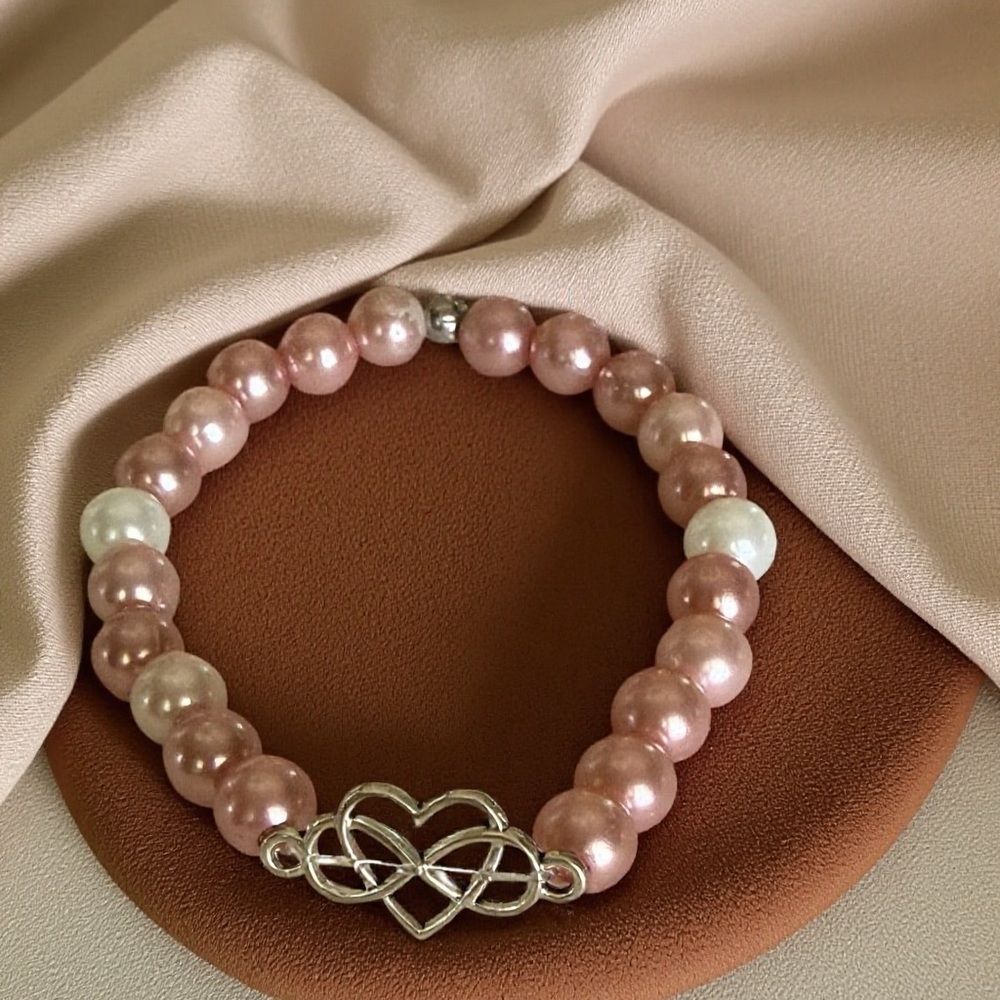 Hand Crafted Pink and White Pearl Beaded Bracelet with Silver Heart Connector
